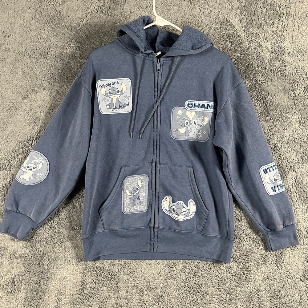 Disney Lilo & Stitch Full Zip Hoodie Womens S Blue Fleece Lined Patches Ohana